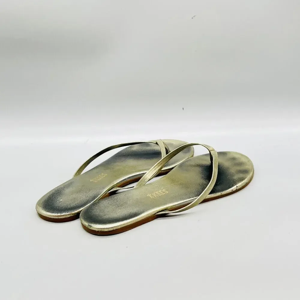 TKEES Sandals Womens 7 Gold Strappy Leather Flip Flop Thong Flat Casual Shoes